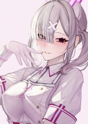 1girl ahoge bandaged_arm bandages blush breasts cross_hat_ornament eyes_visible_through_hair gloves grey_hair gurumyuu hair_ornament hair_over_one_eye hat highres large_breasts long_hair looking_at_viewer mole mole_under_eye nijisanji nurse nurse_cap open_mouth sukoya_kana sukoya_kana_(1st_costume) twintails virtual_youtuber white_wrist_cuffs wrist_cuffs x_(symbol) x_hair_ornament
