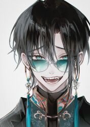 1boy :d absurdres aqua_eyes bishounen black_hair black_shirt blue-tinted_eyewear chinese_clothes chinese_knot earrings fangs grey_background hair_between_eyes highres jewelry looking_at_viewer looking_over_eyewear male_focus open_mouth original portrait round_eyewear shirt short_hair simple_background smile solo sunglasses tangzhuang tassel tassel_earrings teeth tinted_eyewear upper_body white_background young57440489