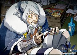 Rule 34 | 1boy, alcohol, armor, black horns, blue cape, blue eyes, bottle, bracer, braid, braided beard, broken horn, cape, chisel, coat, coin, copyright name, facial hair, fingerless gloves, fur coat, gloves, hammer, helmet, heterochromia, holding, holding hammer, horns, indoors, male focus, mouth hold, old, old man, pixiv fantasia, pixiv fantasia last saga, scar, scar across eye, scar on face, scar on hand, sitting, solo, sou- -you, teeth hold, unworn headwear, unworn helmet, white hair, yar (pixiv fantasia last saga), yellow eyes