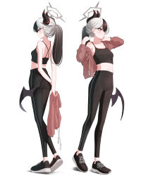 1girl absurdres black_camisole black_hair black_leggings black_shoes blue_archive blush breasts bright_pupils camisole collarbone commentary crop_top demon_horns demon_wings full_body grey_hair halo highres hit_by_hit horns jacket kayoko_(blue_archive) leggings long_hair looking_ahead midriff mole mole_on_collarbone multicolored_hair multiple_views pants pink_jacket ponytail red_eyes shoes simple_background single_wing small_breasts sneakers sports_bra sportswear tight_clothes tight_pants track_jacket two-tone_hair white_background white_pupils wings workout_clothes yoga_pants