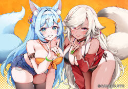 2girls animal_ear_fluff animal_ears bikini black_bikini blue_hair blue_shorts breasts cleavage commentary denim denim_shorts ein_(foxyreine) english_commentary fox_ears fox_shadow_puppet fox_tail foxyreine gradient_background green_eyes highres jacket large_breasts long_hair looking_at_viewer multiple_girls orange_background original pink_eyes polka_dot polka_dot_background red_jacket shorts sister_reine_(foxyreine) swimsuit tail tan tanline thighs white_hair