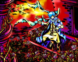 1boy blue_cape blue_hair brown_pants cape castle closed_mouth cloud colorful commentary_request flower full_body high_contrast kaito_(vocaloid) looking_at_viewer male_focus pants pazy pink_flower pink_rose red_sky rose shirt short_hair sky smile solo vocaloid yellow_shirt