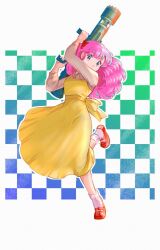1girl artist_name back_bow bow checkered_background collared_shirt commentary_request dress hair_bow holding holding_rocket_launcher holding_weapon long_hair looking_at_viewer mary_janes miz_mus pinafore_dress pink_eyes pink_hair ran_(urusei_yatsura) red_bow red_shoes rocket_launcher shirt shoes sleeveless sleeveless_dress socks solo standing standing_on_one_leg twitter_username two-handed urusei_yatsura weapon white_shirt white_socks yellow_bow yellow_dress