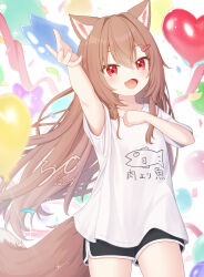 1girl animal_ear_fluff animal_ears animal_print balloon black_shorts brown_hair commentary_request dolphin_shorts fangs fish_print hair_ornament hairclip heart_balloon highres long_hair open_mouth original rade_(rade_552) red_eyes shirt short_shorts short_sleeves shorts signature smile solo tail very_long_hair white_shirt wolf_ears wolf_girl wolf_tail