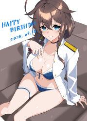 1girl absurdres arm_behind_back bikini blue_bikini blue_eyes blush breasts brown_hair cleavage from_above front-tie_bikini_top front-tie_top grin hair_between_eyes hand_on_own_chest hand_up happy_birthday highres jacket jewelry kantai_collection large_breasts long_hair looking_at_viewer looking_up medium_breasts military_jacket navel open_clothes open_jacket ring shiba_(zudha) shigure_(kancolle) shigure_kai_san_(kancolle) shigure_kai_san_(swimsuit)_(kancolle) sitting smile solo swimsuit thigh_strap wedding_ring white_jacket