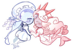 2girls black_pearl_cookie blue_brooch blue_eyes blue_hair blue_skin blush bonnet bow brooch closed_eyes collared_shirt colored_eyelashes colored_skin commentary cookie_run crown curly_hair dbrs dress female_focus fins fish_tail forehead_jewel frilled_bonnet frilled_dress frilled_jellyfish_cookie frills full_body gem glitter gradient_clothes gradient_dress grey_dress happy highres holding holding_hands jellyfish jellyfish_girl jewelry long_hair long_sleeves looking_at_another maid mermaid monster_girl multiple_girls open_mouth parted_bangs pearl_(gemstone) pearls petite pink_hair pink_skin puffy_long_sleeves puffy_sleeves raised_eyebrows seashell shell shell_print shirt simple_background smile sparkle tagme tail translucent translucent_dress translucent_hair twintails two-tone_dress white_background white_bonnet white_bow white_dress white_eyelashes white_frills white_hair white_pearl_cookie