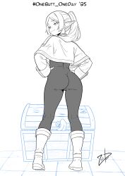 Rule 34 | absurdres, ass, black bodysuit, bodysuit, cameltoe, frieren, from behind, highres, lineart, looking at viewer, mimic, mimic chest, onebutt oneday, sousou no frieren, tight clothes, zoobastik