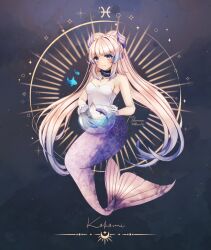Rule 34 | 1girl, bare shoulders, blue hair, blush, bow-shaped hair, breasts, character name, closed mouth, collarbone, commentary, fish, fishbowl, full body, genshin impact, grey background, highres, light smile, long hair, looking at viewer, medium breasts, mermaid, milavana, monster girl, monsterification, multicolored hair, pink hair, pisces (symbol), purple eyes, sangonomiya kokomi, scales, signature, solo, stomach, twintails, twitter username, very long hair