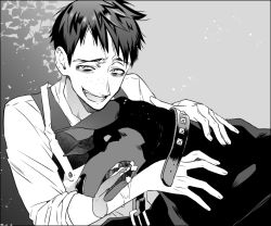 1boy :d bad_id bad_pixiv_id batman_(series) black_hair collar dc_comics dog freckles gotham_(series) greyscale heavy_breathing male_focus messy_hair monochrome open_mouth oswald_chesterfield_cobblepot shirt smile too_mizuguchi upper_body white_shirt