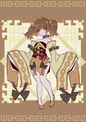 Rule 34 | 1girl, belt, belt collar, breasts, brown background, brown dress, brown dust (series), brown dust 2, brown eyes, brown footwear, brown hair, brown ribbon, chinese clothes, closed mouth, collar, detached sleeves, dot mouth, dress, full body, hair ribbon, highres, knees together feet apart, looking at viewer, meander, medium hair, multiple belts, ribbon, rigenette (brown dust), short twintails, sleeveless, sleeveless dress, small breasts, solo, strapless, strapless dress, tn scallion, twintails, wide sleeves