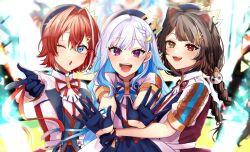 3girls ange_katrina animal_ears animal_hair_ornament beret blue_eyes blue_gloves blue_hair blue_hat blue_ribbon blurry blurry_background braid brown_hair colored_inner_hair colored_lapels commentary_request crossed_bangs crown_hat_ornament dog_ears dog_girl fangs flower gloves group_picture hair_behind_ear hair_between_eyes hair_flower hair_intakes hair_ornament half_gloves hat heterochromia highres hug hug_from_side idol_clothes inui_toko jacket light_blush lize_helesta long_hair looking_at_viewer low_twintails multicolored_hair multiple_girls neck_ribbon nijisanji no_1pafu one_eye_closed open_mouth outstretched_arms pointing purple_eyes purple_ribbon reaching reaching_towards_viewer red_eyes red_hair red_ribbon ribbon sanbaka_(nijisanji) sanbaka_anniversary_outfit short_hair short_sleeves single_hair_intake single_sidelock smile streaked_hair teeth triangle_hair_ornament twintails two-tone_hair virtual_youtuber white_hair white_jacket white_wrist_cuffs wrist_cuffs wrist_ribbon yellow_eyes zoom_layer