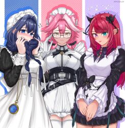 1girl 3girls :3 alternate_costume animal_ears apron black-framed_eyewear black_dress blue_eyes blue_hair braid cat_ears cat_girl closed_mouth double_halo dress dy_sensis glasses halo highres hololive hololive_english irys_(hololive) irys_(maid)_(hololive) multicolored_hair multiple_girls official_alternate_costume official_alternate_hairstyle ouro_kronii ouro_kronii_(maid) pink_eyes pink_hair pointy_ears raora_panthera red_hair smile star_halo streaked_hair thighhighs tongue tongue_out twin_braids virtual_youtuber white_apron white_background white_thighhighs yellow_eyes