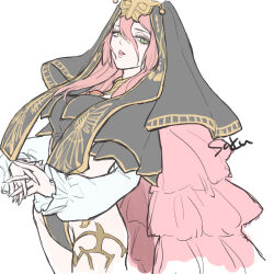 1girl black_leotard commentary cowboy_shot final_fantasy final_fantasy_xiv green_eyes hair_between_eyes half-closed_eyes highres interlocked_fingers leotard long_hair looking_at_viewer parted_lips pink_hair saku_ff11 simple_background solo spectral_necromancer symbol-only_commentary very_long_hair white_background