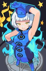 1girl armpits black_pantyhose blue_boots blue_dress blue_fire blue_gloves blue_hat bob_cut boots breasts dress elizabeth_(persona) fire from_above full_body gloves hand_on_own_head hand_on_own_hip hat iraimu looking_at_viewer lowered_eyelids musical_note pantyhose persona persona_3 short_hair signature sleeveless sleeveless_dress smile star_(symbol) white_hair yellow_eyes