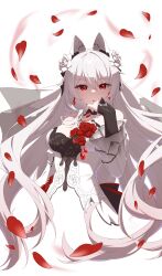 Rule 34 | 1girl, absurdres, bare shoulders, bat tattoo, breasts, bridal veil, bride, chest tattoo, commentary, dress, earrings, flower, hair flower, hair ornament, hand up, highres, honkai (series), honkai impact 3rd, jewelry, large breasts, long hair, looking at viewer, luyue, official alternate costume, parted lips, red eyes, red flower, red petals, red rose, ring, rose, solo, tattoo, theresa apocalypse, theresa apocalypse (luna kindred), theresa apocalypse (lunar vow: crimson love), theresa apocalypse (till death do us part), veil, very long hair, wedding dress, white background, white dress, white flower, white hair, white rose, white veil