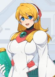 Rule 34 | 1girl, alia (mega man), blonde hair, blue eyes, blurry, blurry background, breasts, coat, highres, lab coat, long hair, medium breasts, mega man (series), mega man x (series), open mouth, smile, solo, tobitori, upper body, white coat