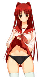 Rule 34 | 1girl, a1 (initial-g), absurdres, black panties, blouse, bow, bow panties, clothes lift, female focus, highres, kousaka tamaki, lace, lace-trimmed panties, lace trim, long hair, looking at viewer, miniskirt, navel, panties, pleated skirt, red eyes, red hair, sailor collar, school uniform, serafuku, shirt, simple background, skindentation, skirt, skirt lift, solo, standing, sweat, thigh gap, thighhighs, to heart (series), to heart 2, underwear, upskirt, white background, white thighhighs