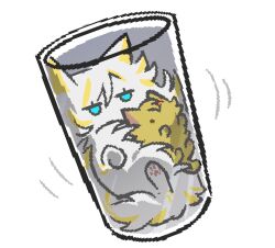 animal_focus animalization blue_eyes cat cup faust_(project_moon) highres in_container in_cup limbus_company multicolored_fur n_corp._fanatic_(identity)_(project_moon) ohzv project_moon simple_background sinclair_(project_moon) white_background white_fur yellow_fur