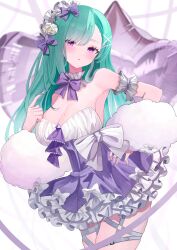 Rule 34 | 1girl, absurdres, alternate costume, blush, bow, bowtie, breasts, cleavage, detached collar, dress, flower, frilled dress, frills, green hair, hair bow, hair flower, hair ornament, highres, long hair, looking at viewer, mole, mole on breast, open mouth, purple bow, purple bowtie, purple dress, purple eyes, solo, virtual youtuber, vspo!, white flower, x hair ornament, yakumo beni, yofo