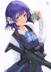 1girl 2025 am-17 arm_behind_back artist_logo assault_rifle blue_dress blue_eyes blue_hair blue_ribbon braid character_doll doll dress flower gakuen_idolmaster gun hair_flower hair_ornament hataya_misuzu highres hiroki_ree holding holding_doll idolmaster light_blush logo long_sleeves looking_at_viewer mole mole_under_mouth neck_ribbon pouch ribbon rifle school_uniform shirt short_hair simple_background single_braid smile solo weapon white_background white_shirt