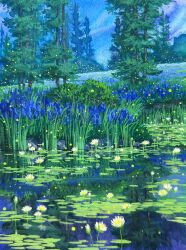 Rule 34 | blue flower, commentary, english commentary, fireflies, flower, gouache (medium), highres, kate avery, lily pad, night, night sky, no humans, original, outdoors, painting (medium), reflection, reflective water, scenery, sky, traditional media, tree, water lily flower, white flower