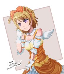 Rule 34 | 1girl, alternate hairstyle, angel wings, artist name, artist request, bare shoulders, belt, blush, bow, breasts, brown hair, collarbone, cross-laced clothes, cross-laced dress, curly hair, dancing stars on me!, dress, drill hair, female focus, frilled dress, frills, gloves, hair between eyes, hair bow, hairband, highres, koizumi hanayo, love live!, love live! school idol project, miniskirt, orange belt, orange dress, orange skirt, parted lips, plaid clothes, plaid skirt, pleated skirt, puffy short sleeves, puffy sleeves, purple eyes, red bow, red hairband, short hair, short sleeves, skirt, small breasts, smile, solo, striped bow, white gloves, white skirt, wings, youcisoul
