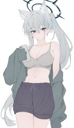 1girl absurdres alternate_costume alternate_hairstyle animal_ear_fluff animal_ears bare_shoulders black_shorts blue_archive blue_eyes blue_ribbon blush breasts cellphone cleavage closed_mouth cross cross_earrings cross_hair_ornament earrings extra_ears green_jacket grey_hair grey_sports_bra hair_between_eyes hair_ornament hair_ribbon highres holding holding_phone inverted_cross jacket jewelry large_breasts long_hair looking_at_viewer navel phone rable ribbon shiroko_(blue_archive) shiroko_terror_(blue_archive) shorts single_sidelock sleeves_past_fingers sleeves_past_wrists smartphone solo sports_bra wolf_ears wolf_girl