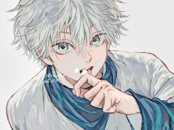 1boy blue_eyes commentary_request dated finger_to_mouth hunter_x_hunter killua_zoldyck long_sleeves looking_at_viewer male_focus nnnt0c0 open_mouth short_hair simple_background solo teeth tongue tongue_out twitter_username upper_body upper_teeth_only white_background white_hair