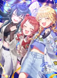 3girls absurdres antenna_hair arm_up belt black_belt black_bra black_shirt blonde_hair blue_shirt blue_skirt blush bra braid buttons clenched_hand closed_eyes coat commentary_request confetti denim denim_skirt earrings eyelashes fang friends frilled_skirt frills fujita_kotone gakuen_idolmaster green_hair hair_between_eyes hair_ornament hair_ribbon hairclip hanami_saki hand_up heart heart_earrings heart_necklace heart_print highres idol_clothes idolmaster jacket jewelry long_hair long_sleeves low_twin_braids multiple_girls necklace official_alternate_costume open_clothes open_coat open_jacket open_mouth pants pjkuasu print_shirt red_hair red_vest ribbon see-through_clothes see-through_shirt shirt sidelocks skin_fang skirt smile stage stomach sweat thighs tsukimura_temari twin_braids twintails underwear vest wavy_mouth white_coat white_jacket white_pants white_skirt