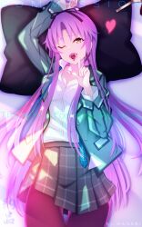 1girl aramis_high_school_uniform artist_name bow breasts candy chocolate chocolate_heart chocolate_on_tongue commission curtained_hair eiyuu_densetsu english_text food furisode_(pixilvina) hair_bow heart heart-shaped_food highres jacket kuro_no_kiseki_(series) long_hair long_sidelocks long_sleeves looking_at_viewer medium_breasts on_bed one_eye_closed open_mouth parted_bangs pillow plaid_clothes plaid_skirt purple_hair renne_(eiyuu_densetsu) school_uniform sidelocks skirt smile solo thighhighs tongue tongue_out watermark yellow_eyes