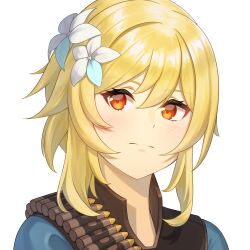1girl acrylicstroke blonde_hair blue_shirt bullet bulletproof_vest closed_mouth commission commissioner_upload flower genshin_impact hair_flower hair_ornament highres looking_at_viewer lumine_(genshin_impact) medium_hair non-web_source orange_eyes shirt solo team_fortress_2 transparent_background upper_body white_flower