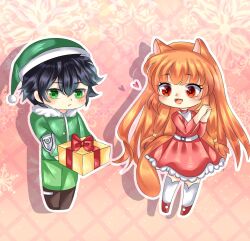 Rule 34 | 1boy, 1girl, abstract background, alternate costume, angelal81218148, animal ears, arm shield, belt, black hair, blush, boots, box, brown boots, brown hair, chibi, closed mouth, coat, commentary, commission, dress, drop shadow, english commentary, frilled dress, frills, full body, fur-trimmed collar, fur trim, gift, gift box, green coat, green eyes, green hat, green pants, green santa costume, hair between eyes, hands up, hat, heart, highres, holding, holding gift, iwatani naofumi, long hair, long sleeves, messy hair, metal hair tubes, outline, own hands together, pants, pink background, pink dress, pom pom (clothes), raccoon ears, raccoon girl, raccoon tail, raphtalia, red boots, red eyes, santa costume, santa hat, second-party source, short hair, tail, tate no yuusha no nariagari, thighhighs, very long hair, white belt, white outline, white thighhighs, zettai ryouiki