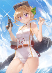 1girl blonde_hair blush braid braided_bun breasts cosplay day diving_mask diving_mask_on_head embarrassed goggles goggles_on_head gun hair_bun handgun kantai_collection long_hair maru-yu_(kancolle) maru-yu_(kancolle)_(cosplay) medium_breasts ocean one-piece_swimsuit outdoors perth_(kancolle) purple_eyes school_swimsuit solo swimsuit toka_(marchlizard) water weapon white_one-piece_swimsuit