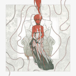 Rule 34 | 1boy, 1girl, absurdres, black choker, blood, blood in hair, blood on clothes, border, choker, commentary, diavolo, highres, jojo no kimyou na bouken, long hair, needle, out of frame, polka dot, polka dot hair, sang (3soun), sewing needle, short hair, sitting, trish una, vento aureo, white border