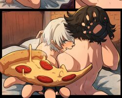 1boy 1girl bed biting black_gloves black_hair dante_(devil_may_cry) devil_may_cry_(series) fingerless_gloves food gloves hand_in_another&#039;s_hair highres kinkymation lady_(devil_may_cry) neck_biting on_bed paid_reward_available pizza pizza_slice sex sweat white_hair