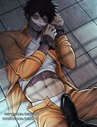 Rule 34 | 2boys, abs, alternate costume, black hair, black pants, black shoes, blue eyes, boku no hero academia, burn scar, captured, clothes lift, colored pubic hair, cuffs, dabi (boku no hero academia), ear piercing, face piercing, foot to another&#039;s crotch, from above, handcuffs, highres, jumpsuit, lying, male focus, male underwear, multiple boys, multiple piercings, navel, navel hair, nose piercing, on back, on ground, orange jumpsuit, out of frame, paid reward available, pants, piercing, prison, prison clothes, prisoner, pubic hair, saika076, scar, scar on face, scar on neck, scar on stomach, shirt, shirt lift, shoes, short hair, smile, solo focus, spiked hair, stapled, teeth, trembling, underwear, white male underwear, white shirt, yaoi