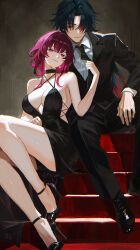 1boy 1girl absurdres bare_legs bare_shoulders black_choker black_dress black_hair black_jacket black_necktie black_pants black_shoes blade_(honkai:_star_rail) breasts choker closed_mouth clothes_grab collared_shirt commentary_request criss-cross_straps dress earrings full_body gradient_hair hair_over_one_eye high_heels highres honkai:_star_rail honkai_(series) jacket jewelry kafka_(honkai:_star_rail) large_breasts legs long_hair looking_at_viewer looking_down maria_(maria_rose) multicolored_hair necktie necktie_grab neckwear_grab pants partial_commentary patent_heels pumps purple_eyes purple_hair red_eyes red_hair shirt shoes sitting sitting_on_stairs smile stairs stiletto_heels strappy_heels suit_jacket toe_cleavage white_shirt
