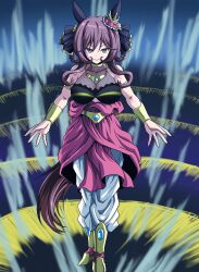 1girl absurdres animal_ears aura boots bracer breasts broly_(dragon_ball_z) broly_(dragon_ball_z)_(cosplay) brown_eyes brown_hair closed_mouth commentary cosplay dragon_ball dragonball_z ear_ornament full_body gentildonna_(umamusume) gorget hair_ornament halterneck highres horse_ears horse_girl horse_tail kamishima_kanon large_breasts legendary_super_saiyan long_hair looking_at_viewer pants red_tunic smile solo standing super_saiyan tail tunic umamusume white_pants yellow_boots