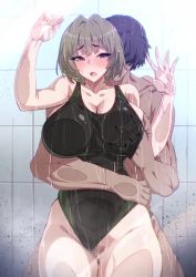 1boy 1girl against_fourth_wall against_glass akina-chan animated bathing bathroom blush breasts brown_hair censored cleavage closed_eyes clothing_aside cum cum_in_pussy ejaculation excessive_cum grabbing_another&#039;s_breast grabbing_from_behind green_hair green_haired_girl_(buckethead) grey_eyes groping hand_under_clothes hetero highres hug huge_breasts nipples one-piece_swimsuit one_breast_out orgasm original penis puffy_nipples sex sex_from_behind short_hair showering sound standing standing_sex swimsuit swimsuit_aside tears thick_thighs thighhighs thighs umezawa_itte vaginal video water wet