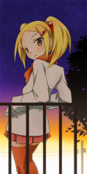 1girl against_railing aoyama_mio blonde_hair blush casual coat female_focus gloves hair_ornament hairclip kami_nomi_zo_shiru_sekai leaning_back orange_thighhighs railing skirt solo thighhighs twintails yellow_eyes yuto_(dialique) zettai_ryouiki