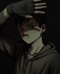 1boy arm_up black_background black_eyes black_gloves black_hair cry_of_fear drop_shadow earrings fingerless_gloves gloves grey_hoodie hand_over_face hood hood_down hoodie jewelry male_focus short_hair simon_henriksson solo stud_earrings thonny222 upper_body