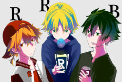 3boys absurdres blonde_hair blue_eyes boomer_(ppg) brick_(ppg) brothers butch_(ppg) can drink_can green_eyes green_hair green_shirt hat highres hood hoodie looking_at_another looking_at_viewer looking_down multiple_boys open_mouth orange_hair powerpuff_girls red_eyes rowdyruff_boys shirt short_hair siblings soda_can