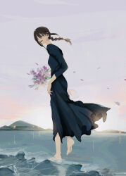 1girl absurdres barefoot black_dress bouquet braid braided_ponytail breasts brown_eyes chainsaw_man commentary_request dress flower highres holding holding_bouquet nayuta_(chainsaw_man) open_mouth purple_flower sensui_n small_breasts solo standing standing_on_one_leg sunset yellow_eyes