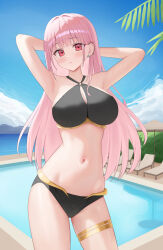 1girl armpits arms_behind_head bare_arms bare_shoulders beach_umbrella bikini black_bikini blue_sky blush breasts chair cleavage_cutout closed_mouth clothing_cutout cloud commentary cowboy_shot day ear_ornament gold_trim groin hair_between_eyes halterneck highres hololive hololive_english jewelry large_breasts long_hair lounge_chair mori_calliope mori_calliope_(holonatsu_paradise) navel ocean official_alternate_costume outdoors pink_hair pool red_eyes sky solo standing stomach swimsuit thighlet umbrella veilion very_long_hair virtual_youtuber water