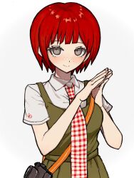 1girl blush brown_eyes camera checkered_necktie closed_mouth collared_shirt danganronpa_(series) danganronpa_2:_goodbye_despair dress freckles green_dress hands_up highres koizumi_mahiru kun_(oxx_kn_xxo) necktie red_hair shirt short_hair simple_background smile solo white_background