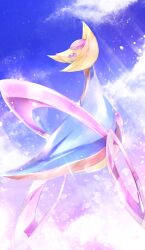 blue_sky cloud commentary cresselia english_commentary flying full_body gen_4_pokemon highres kukuna27 legendary_pokemon mixed-language_commentary nintendo no_humans petals pink_petals pokemon pokemon_(creature) pokemon_focus sky solo