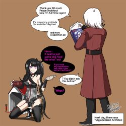 1boy 1girl architect_(girls&#039;_frontline) asymmetrical_clothes black_hair bowl breasts cereal_box cleavage commander_(girls&#039;_frontline) commentary doghouse english_text engrish_text girls&#039;_frontline griffin_&amp;_kryuger_military_uniform hair_ornament kneeling leash long_hair madcore medium_breasts meme one_side_up oreo pet_bowl pink_eyes ranguage sangvis_ferri simple_background smile spoon they_had_lots_of_sex_afterwards_(meme) thighhighs white_hair