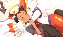 1boy bed_sheet blush brown_hair chitozen_(pri_zen) cinderace closed_eyes closed_mouth commentary_request creatures_(company) dark-skinned_male dark_skin evolutionary_line eyelashes from_above game_freak gen_8_pokemon goh_(pokemon) hair_ornament hug lying male_focus nintendo on_back pants pokemon pokemon_(anime) pokemon_(creature) pokemon_journeys raboot scorbunny short_hair side_slit smile