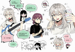 5girls ahoge awa_subaru black_choker black_hair black_shirt blue_eyes brown_hair chinese_commentary chinese_text choker commentary_request ebizuka_tomo electric_guitar girls_band_cry grey_eyes grey_hair guitar instrument iseri_nina kawaragi_momoka lifting_own_clothes long_hair low_twintails multicolored_hair multiple_girls open_mouth parted_bangs personality_switch roots_(hair) rupa_(girls_band_cry) shirt short_hair short_twintails sidelocks squiggle togenashi_togeari translation_request twintails very_long_hair white_shirt xunyu_(manyu)