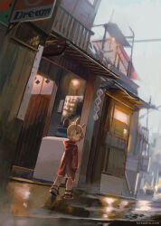 1girl animal_ears blonde_hair building child coat commentary from_behind highres hood hood_down hooded_coat house kouka_(mrakano5456) long_sleeves looking_at_viewer looking_back original outdoors rabbit_ears rabbit_girl red_coat road scenery short_hair sign sky solo standing street symbol-only_commentary watermark web_address wide_shot